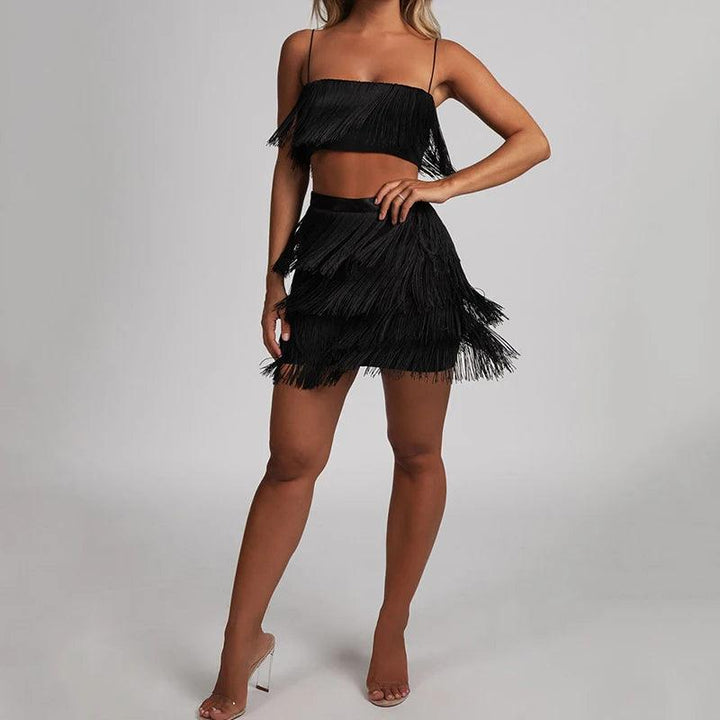 Two Piece Set Summer Fringed 2 Piece Set Women Tassel Crop Top And Skirt Set Sexy Outfits For Women Matching Sets-THAT FASHION STORE