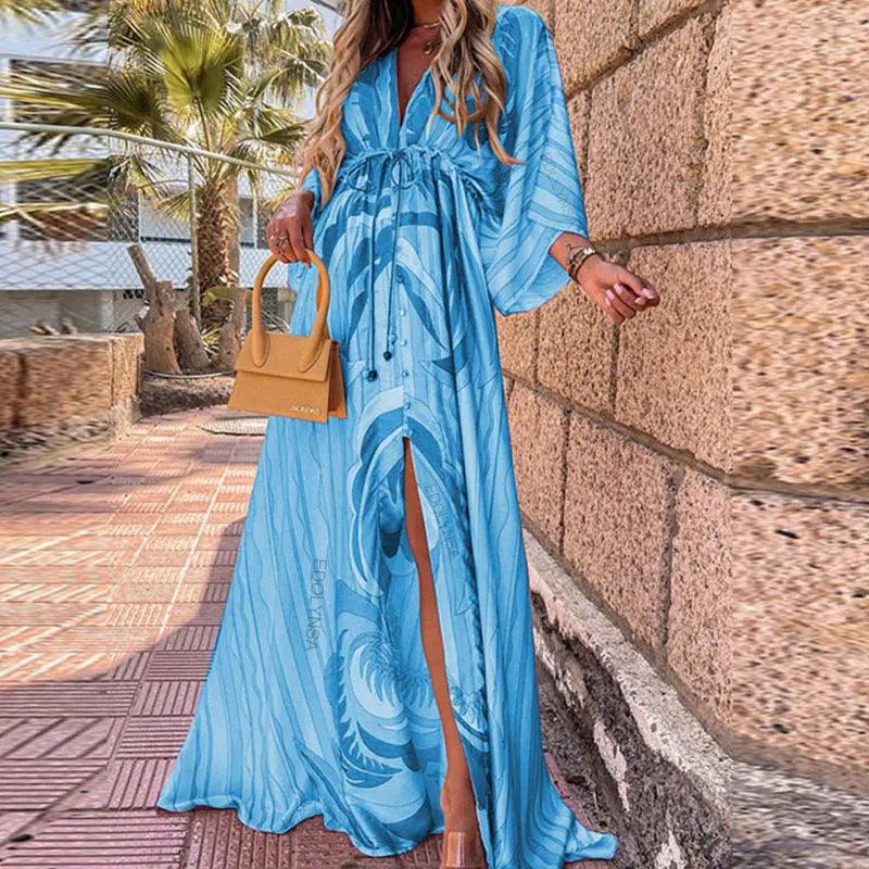 Elegant Gorgeous Printing Dress Women Casual Elastic Waist Long Party Dress 2023 Summer Loose Slit Beach Dress A932-THAT FASHION STORE