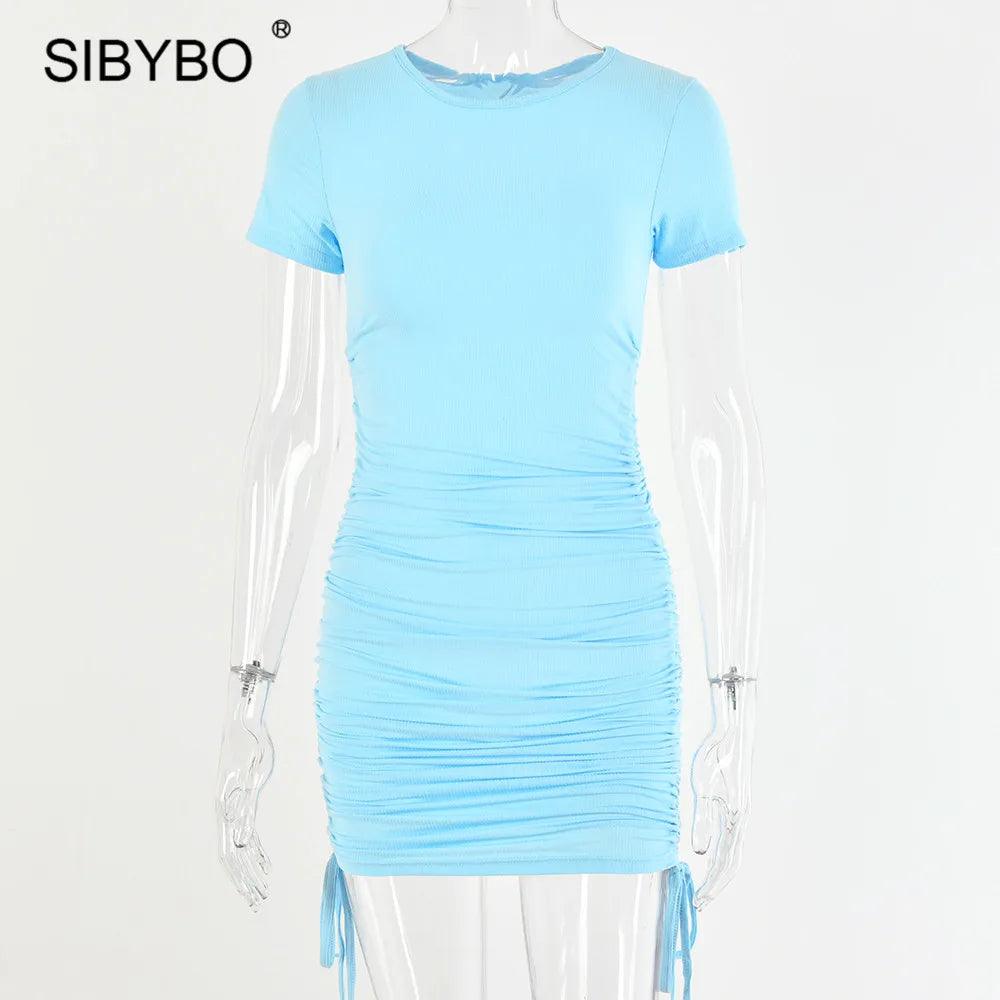 Sibybo Black Sexy Bodycon Summer Dress Women Drawstring Ruched Bandage Mini Dress Casual Elastic Knitted Party Dresses Vestidos-THAT FASHION STORE