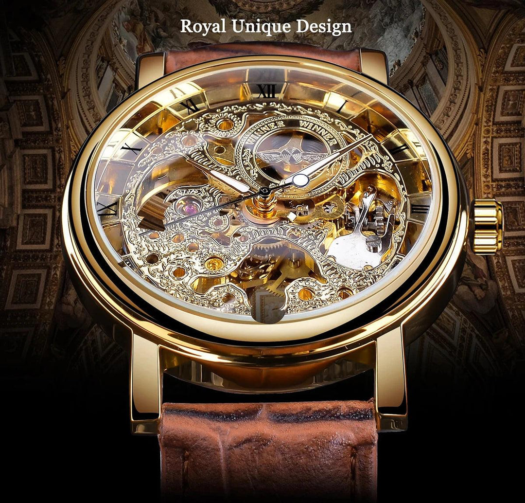 Winner Transparent Golden Case Luxury Casual Design Brown Leather Strap Mens Watches Top Brand Luxury Mechanical Skeleton Watch-THAT FASHION STORE