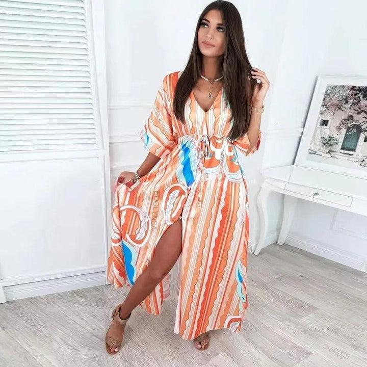 Elegant Gorgeous Printing Dress Women Casual Elastic Waist Long Party Dress 2023 Summer Loose Slit Beach Dress A932-THAT FASHION STORE