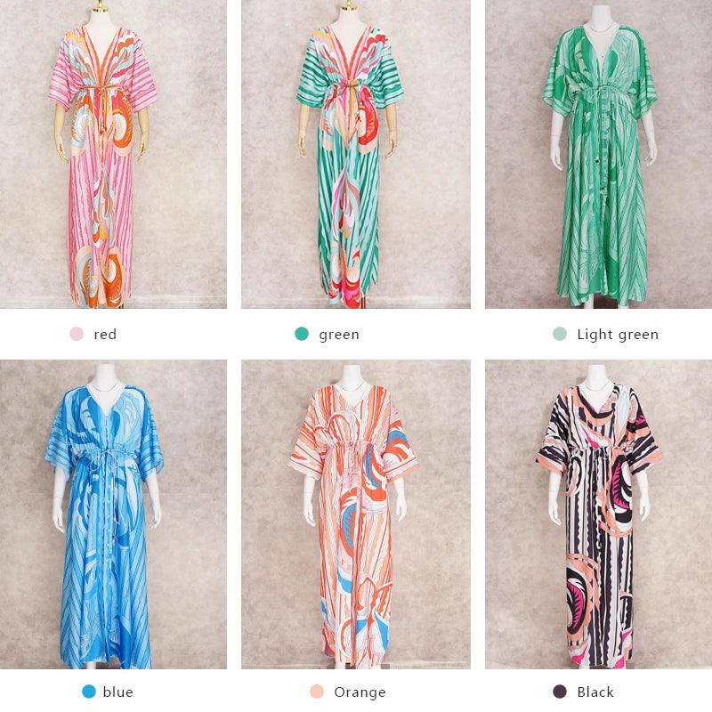 Elegant Gorgeous Printing Dress Women Casual Elastic Waist Long Party Dress 2023 Summer Loose Slit Beach Dress A932-THAT FASHION STORE