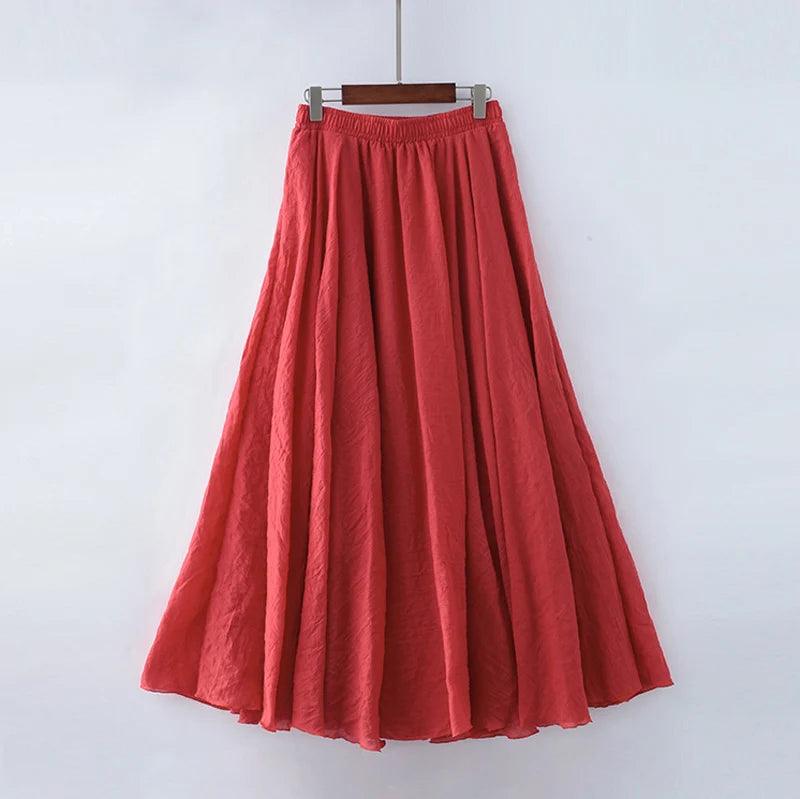 High Quality Cotton Linen Maxi Skirt Womens Casual Elastic High Waist Pleated A-Line Beach Skirts Boho Saia Feminina Faldas Jupe-THAT FASHION STORE