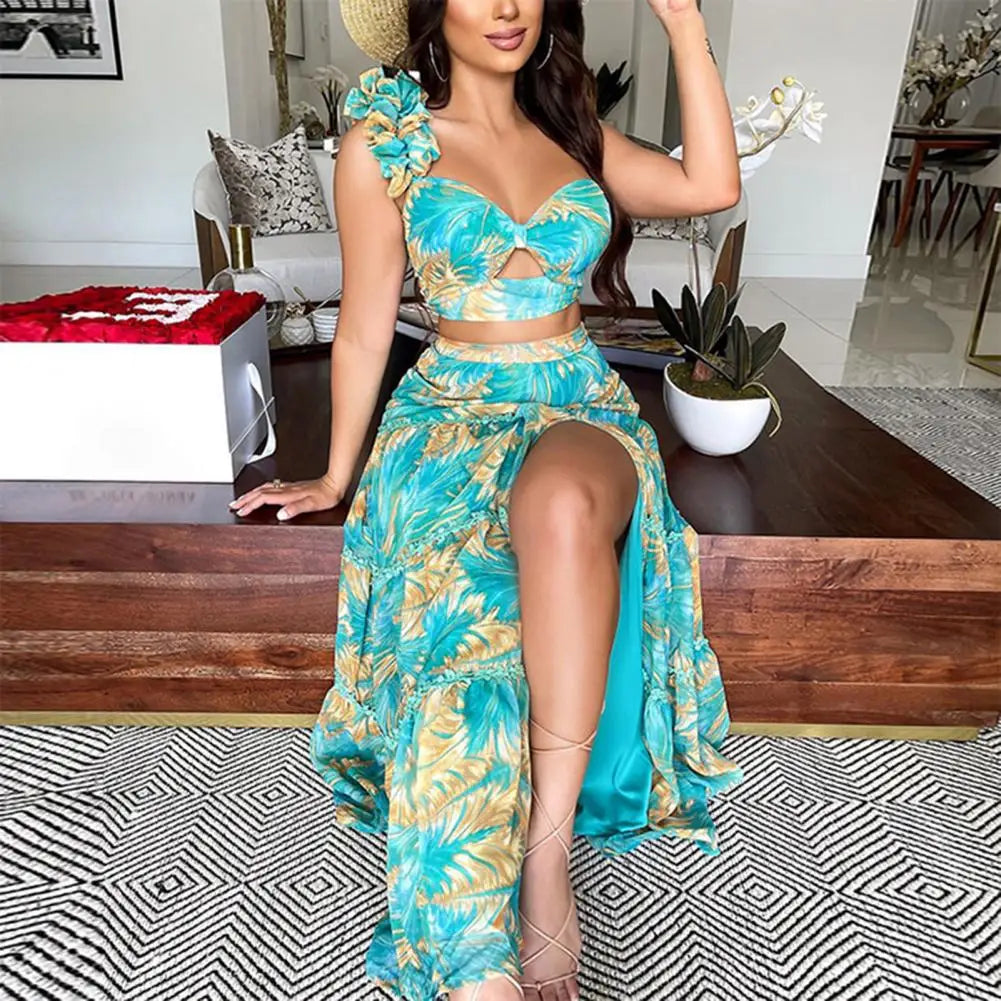 Tropical Leaf Print Ruffled Shoulder Two-Piece Set with Low Cut Top and Ankle-Length Skirt for Summer Getaways - THAT FASHION STORE