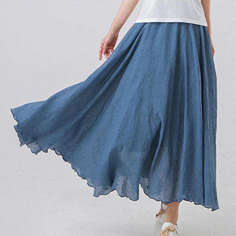 High Quality Cotton Linen Maxi Skirt Womens Casual Elastic High Waist Pleated A-Line Beach Skirts Boho Saia Feminina Faldas Jupe-THAT FASHION STORE