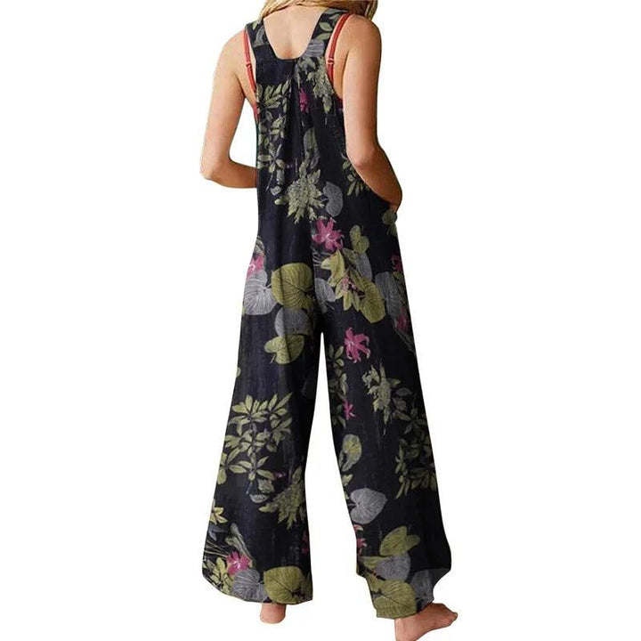 Women Rompers Hot Summer New Loose Linen Cotton Jumpsuit Sleeveless Backless Leaf Floral Print Square Neck Playsuits Overalls-THAT FASHION STORE