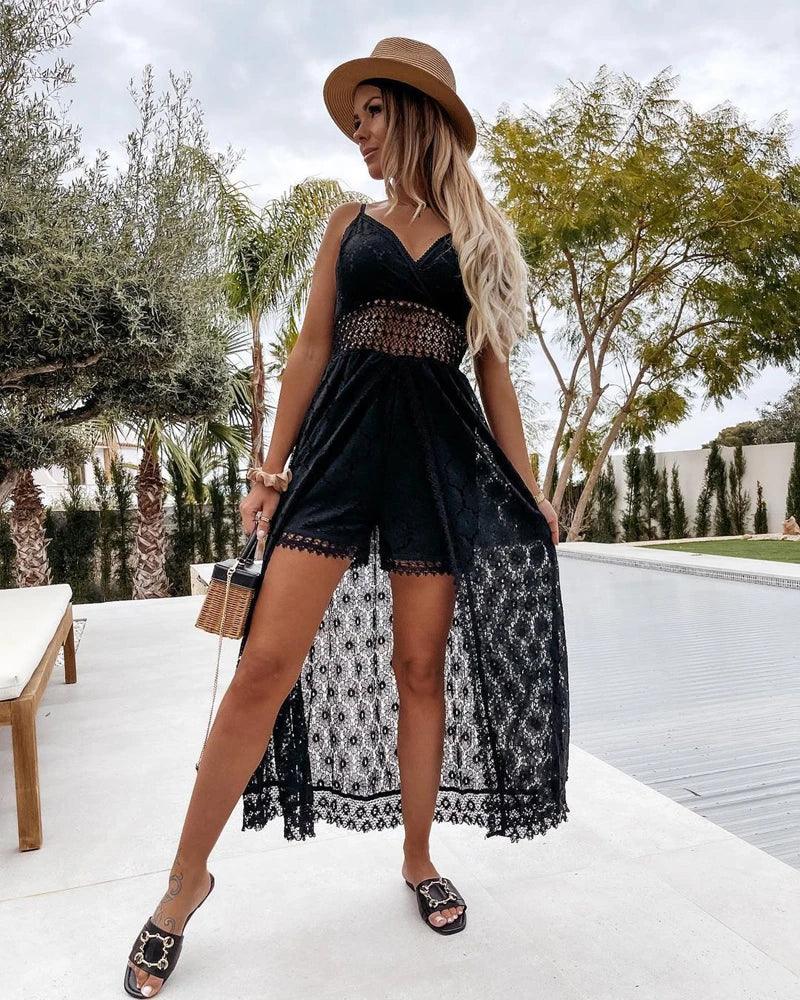 Summer V Neck Solid Color Lace Hollow-Out Sleeveless Sling Party Wear High Waist Rompers Holiday Casual White Women's Jumpsuit-THAT FASHION STORE