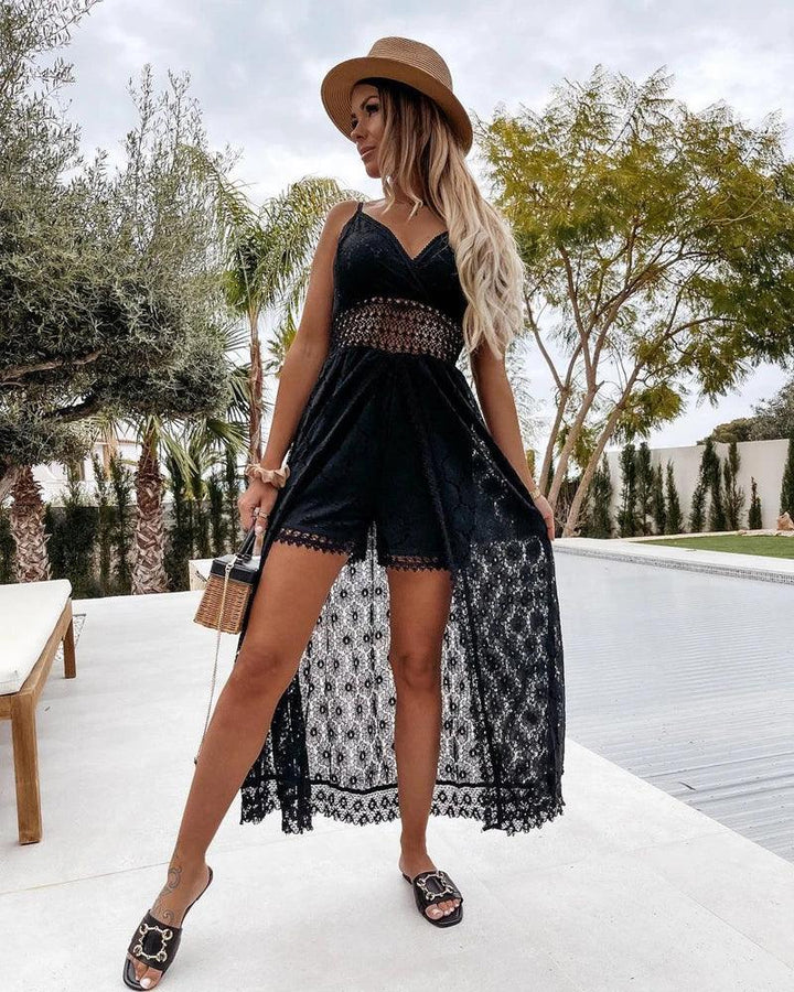 Summer V Neck Solid Color Lace Hollow-Out Sleeveless Sling Party Wear High Waist Rompers Holiday Casual White Women's Jumpsuit-THAT FASHION STORE