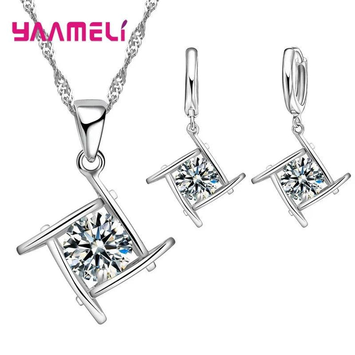 Cheap Sale 925 Sterling SilverCrystal Flower Square Pendant Necklace Earrings Jewelry Set For Women Girls Wedding Engagement-THAT FASHION STORE