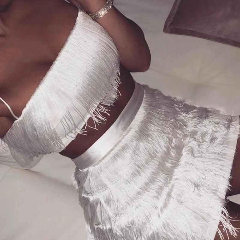 Two Piece Set Summer Fringed 2 Piece Set Women Tassel Crop Top And Skirt Set Sexy Outfits For Women Matching Sets-THAT FASHION STORE