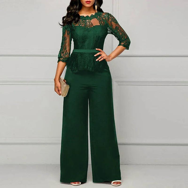 Sexy Lace Hollow Out Jumpsuits Women Spring Autumn Solid O-neck Half Sleeve Party Rompers Elegant Office Lady Wide Leg Overalls-THAT FASHION STORE