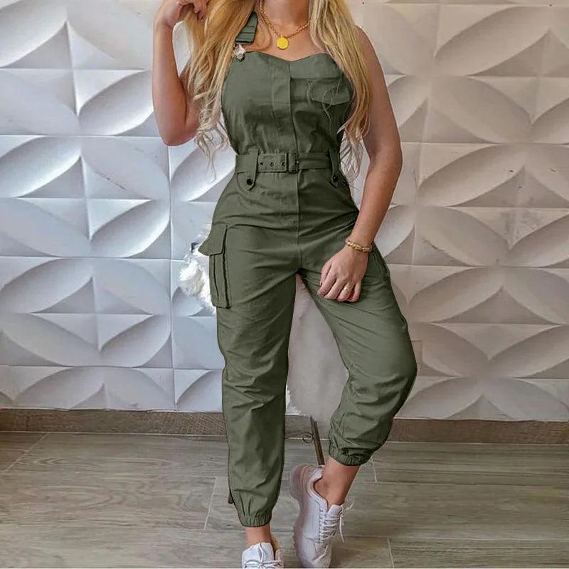 2021 New Style Women Solid Color Cargo Jumpsuit with Waistband Square Collar Sleeveless Overalls Plus Size S-XXXL-THAT FASHION STORE