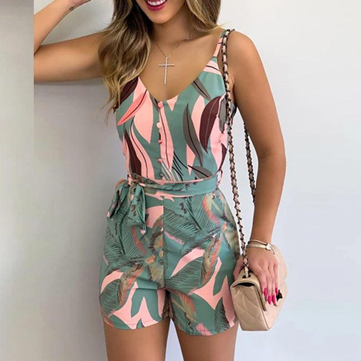 Sexy V-neck Spaghetti Strap Floral Print Women Short Romper Playsuit Female Beach Ruffle Sleeveless 2023 Fashion Casual Jumpsuit-THAT FASHION STORE