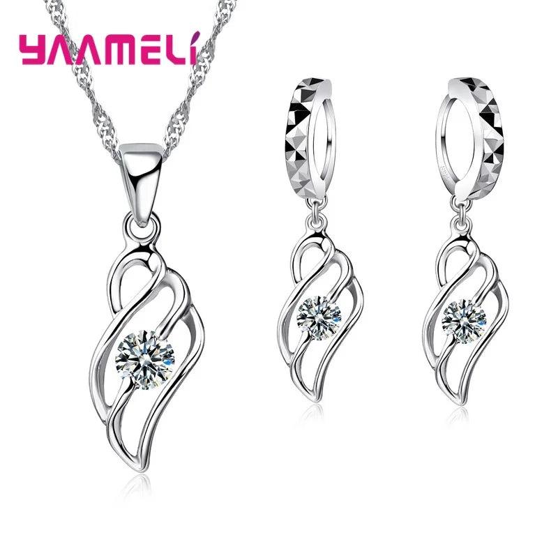 Cheap Sale 925 Sterling SilverCrystal Flower Square Pendant Necklace Earrings Jewelry Set For Women Girls Wedding Engagement-THAT FASHION STORE