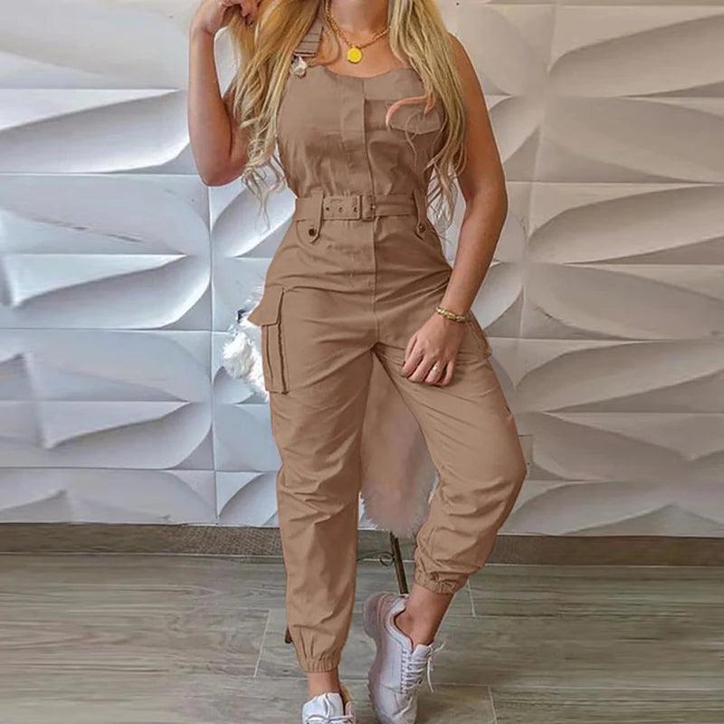 Women Strap Jumpsuit Summer Loose Dungarees Long Rompers Solid Pockets Cargo Pants Female Casual Work Out Playsuits-THAT FASHION STORE