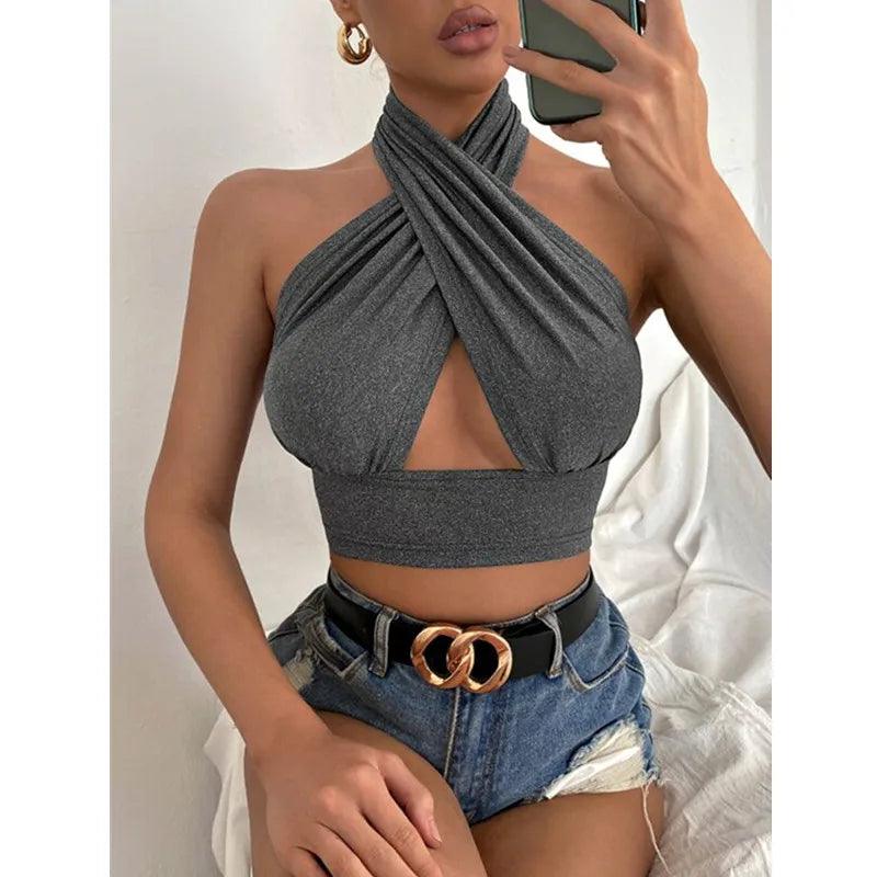 Women Summer Tank Tops Solid Cross Halter Camis Backless Crop Tops Female Camisole Cropped Top Slim Sleeveless Streetwear-THAT FASHION STORE