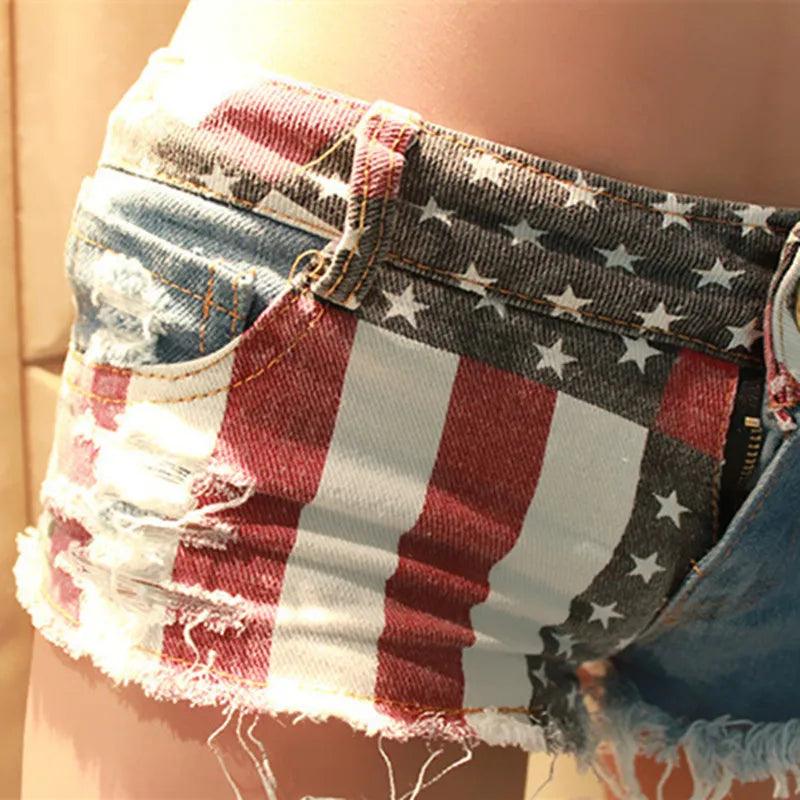 Mid Waist Jeans Shorts 2021 Women New Fashion USA Flag Printed Denim Pole Dance Skinny Hot Hole Short Pants S-XXL-THAT FASHION STORE