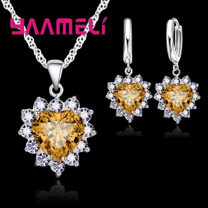 Trendy Jewelry Set for Women 925 Sterling Silver Color Heart CZ Stone Charm Pendants Necklaces Earrings LOVE Anniversary Gift-THAT FASHION STORE