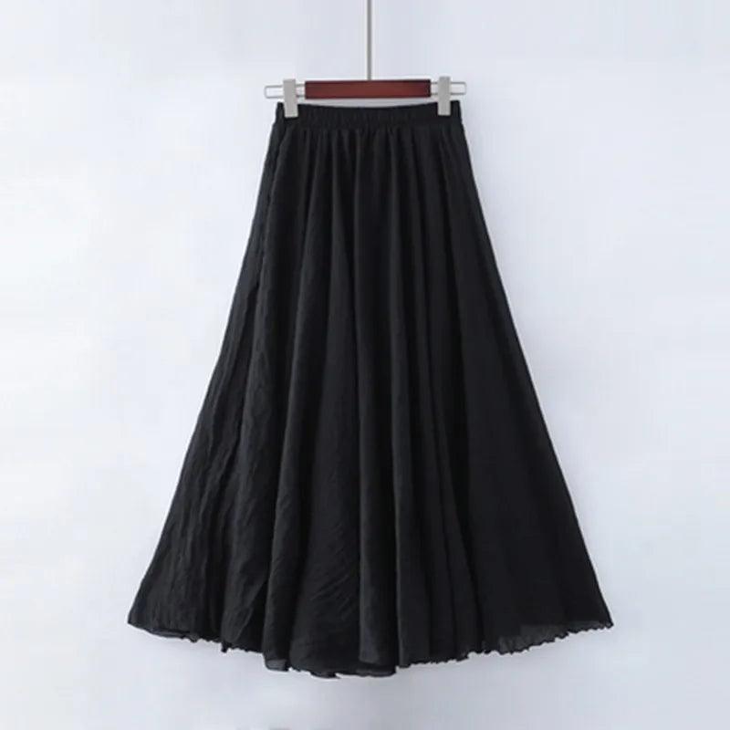 High Quality Cotton Linen Maxi Skirt Womens Casual Elastic High Waist Pleated A-Line Beach Skirts Boho Saia Feminina Faldas Jupe-THAT FASHION STORE