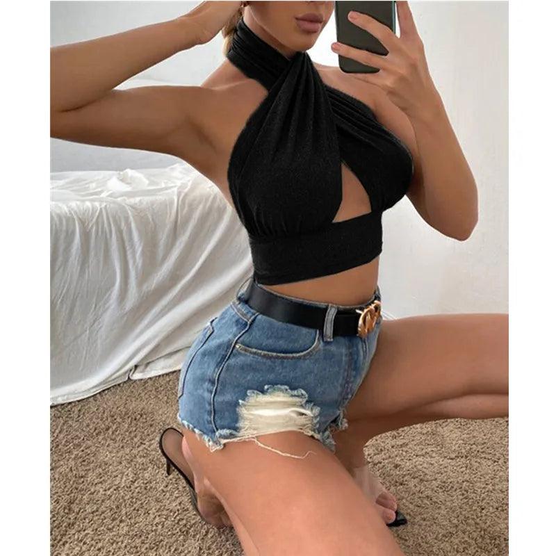 Women Summer Tank Tops Solid Cross Halter Camis Backless Crop Tops Female Camisole Cropped Top Slim Sleeveless Streetwear-THAT FASHION STORE