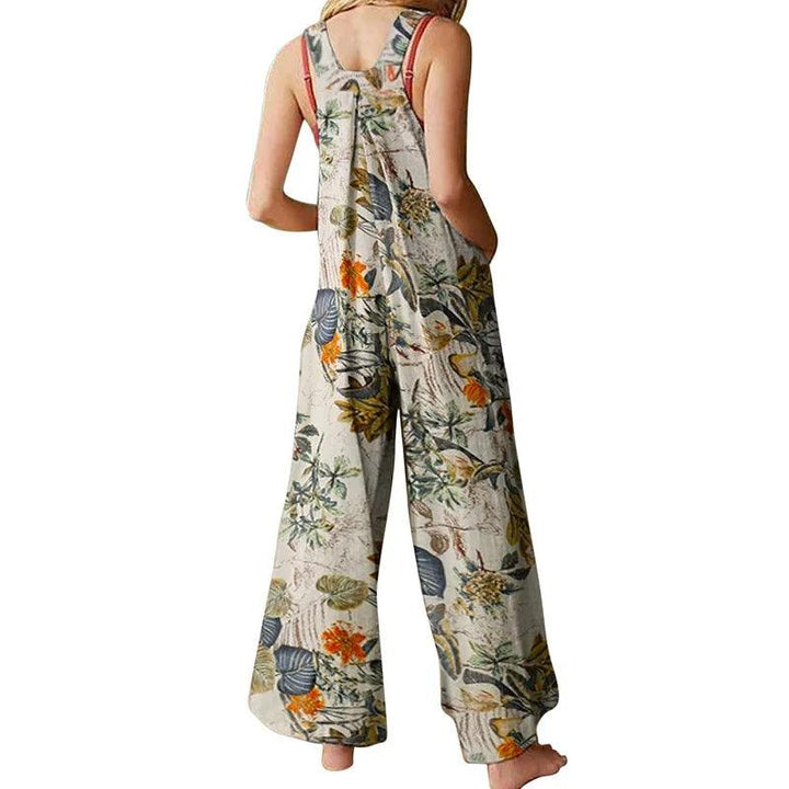 Women Rompers Hot Summer New Loose Linen Cotton Jumpsuit Sleeveless Backless Leaf Floral Print Square Neck Playsuits Overalls-THAT FASHION STORE