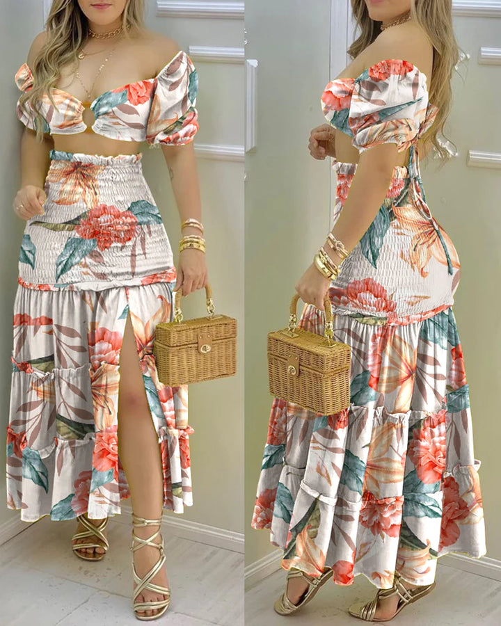 Commuting Style 2023 Fashion Holiday Floral Print O Neck Crop Top Shirr Slit High Waist Women Maxi Skirt Casual Sexy Sets - THAT FASHION STORE