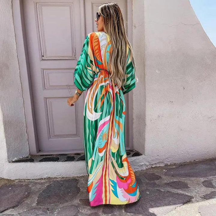 Elegant Gorgeous Printing Dress Women Casual Elastic Waist Long Party Dress 2023 Summer Loose Slit Beach Dress A932-THAT FASHION STORE