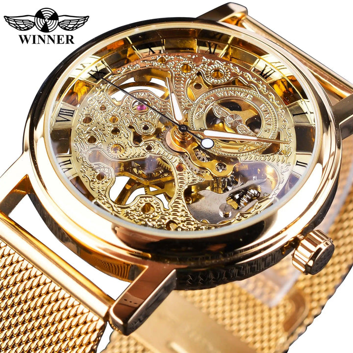 Winner Transparent Golden Case Luxury Casual Design Brown Leather Strap Mens Watches Top Brand Luxury Mechanical Skeleton Watch-THAT FASHION STORE