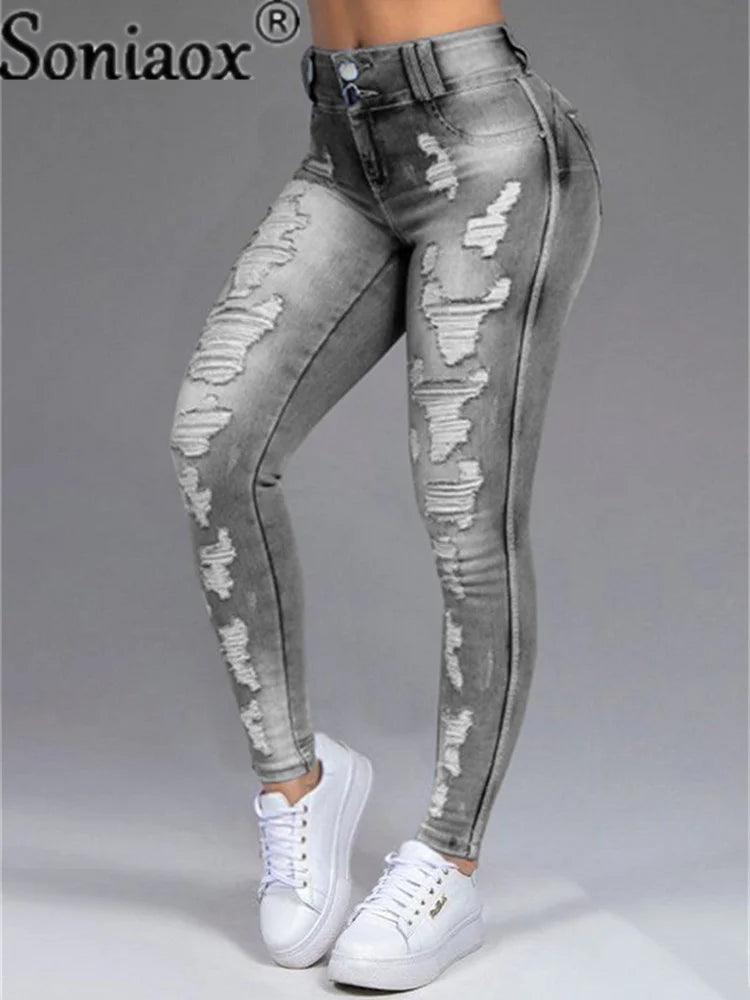 Women Pants High Stretch Jeans High Waist Skinny Ripped Vintage Hole Slim Large Full Length Distressed Trousers 2021-THAT FASHION STORE