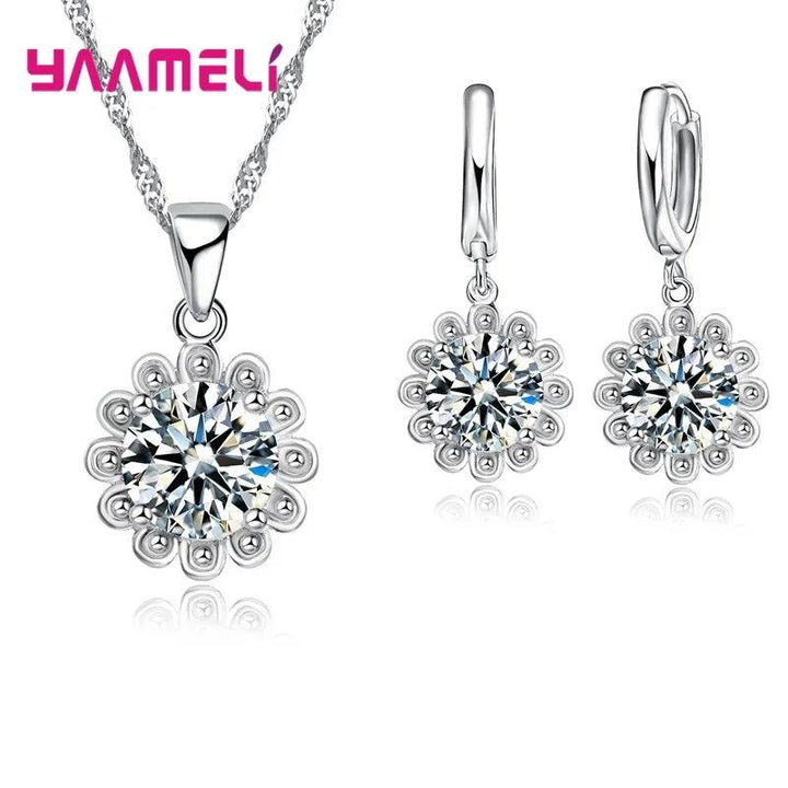 Cheap Sale 925 Sterling SilverCrystal Flower Square Pendant Necklace Earrings Jewelry Set For Women Girls Wedding Engagement-THAT FASHION STORE