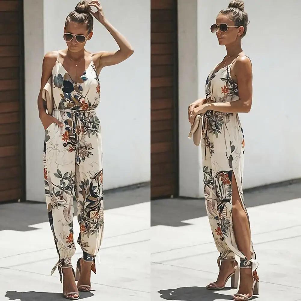 80% HOT SALES！！！Women Summer Sexy Backless Casual Deep-V Floral Print Strappy Jumpsuits Romper-THAT FASHION STORE