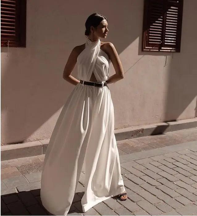 2022 Summer Women Jumpsuits Sexy Elegant Backless Halter White Rompers Female Solid Wide Leg Loose Pants Overalls Jumpsuits-THAT FASHION STORE