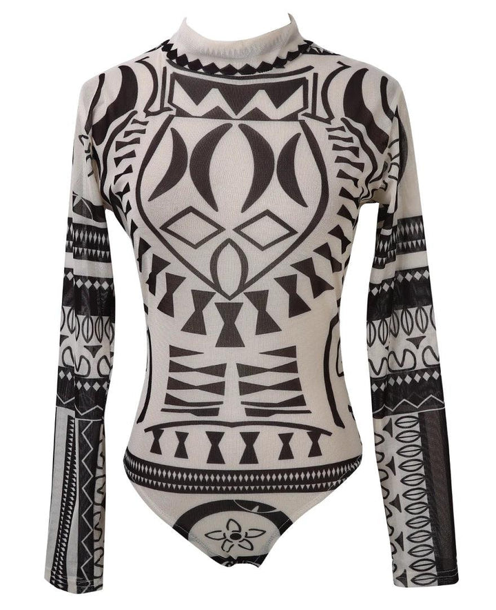 Women Gothic Tattoo Tribal Print Stretchy Skinny Bodysuit Sexy See-Through Mesh Sheer Long Sleeve Top Pullovers Clubwear Bodycon-THAT FASHION STORE