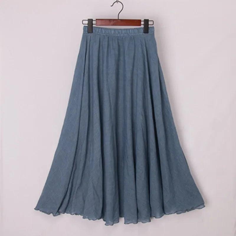 High Quality Cotton Linen Maxi Skirt Womens Casual Elastic High Waist Pleated A-Line Beach Skirts Boho Saia Feminina Faldas Jupe-THAT FASHION STORE