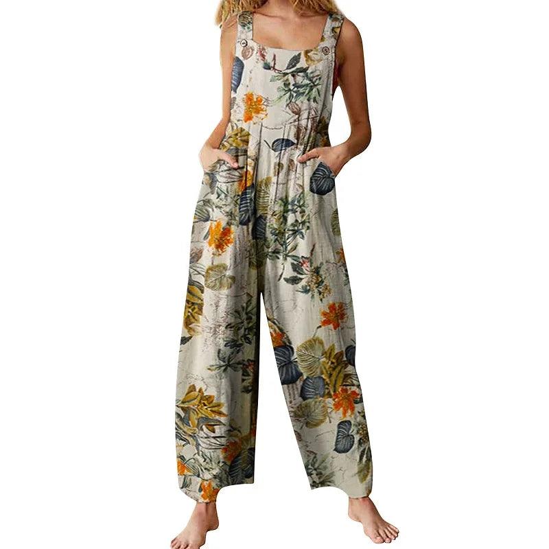 Women Rompers Hot Summer New Loose Linen Cotton Jumpsuit Sleeveless Backless Leaf Floral Print Square Neck Playsuits Overalls-THAT FASHION STORE