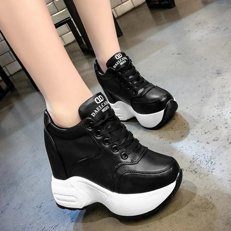 Women's Ankle Boots 2024 Spring Leather Chunky Shoes Woman Platform Height Increased Sneakers 10CM Thick Sole Wedges White Boots-THAT FASHION STORE