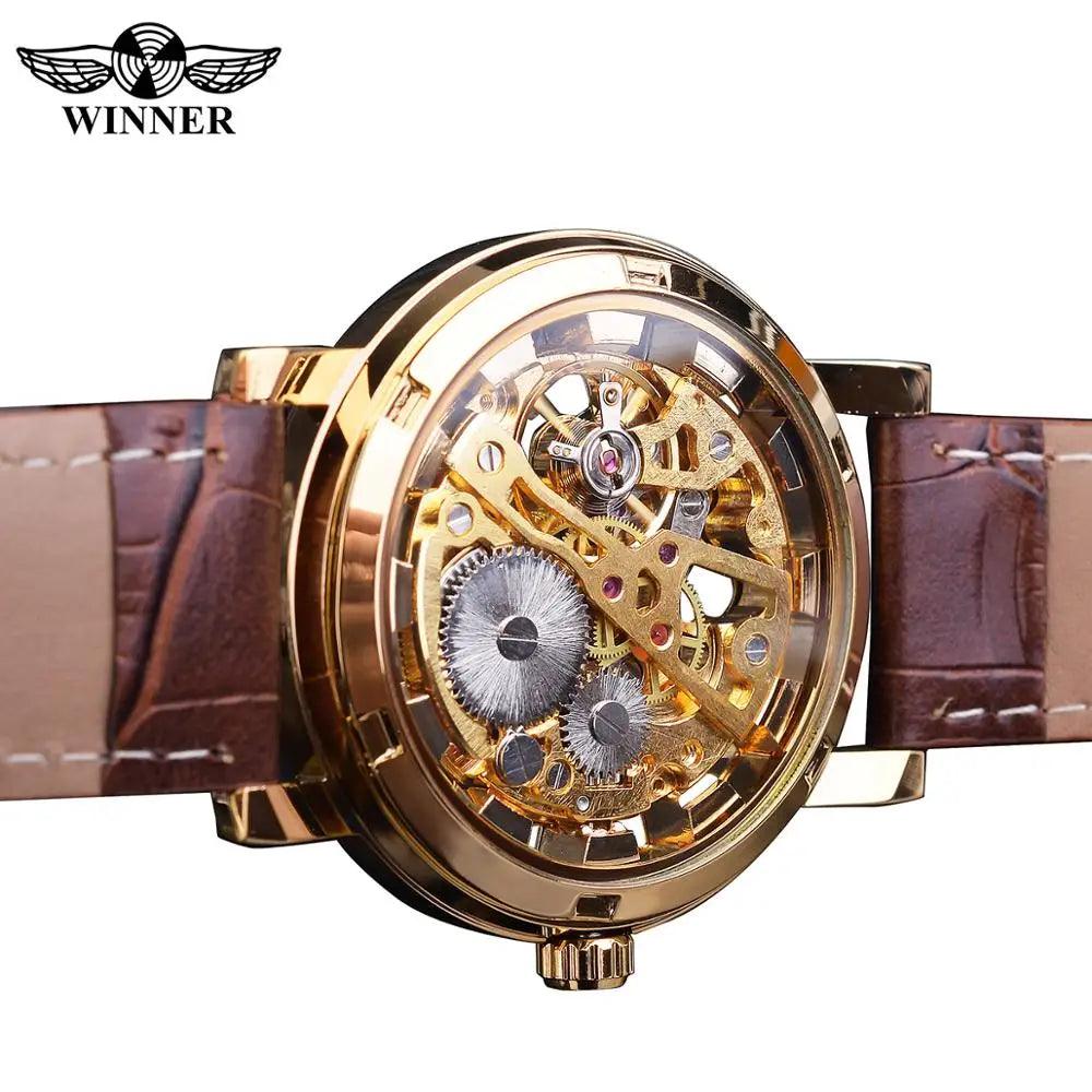 Winner Transparent Golden Case Luxury Casual Design Brown Leather Strap Mens Watches Top Brand Luxury Mechanical Skeleton Watch-THAT FASHION STORE