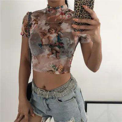 Angel Print Mesh Sexy T Shirt Crop Top High Neck Short Sleeve Graphic Tees Women Streetwear Harajuku Shirts Hot Sale-THAT FASHION STORE