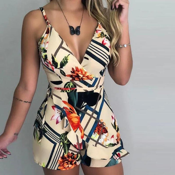 Sexy V-neck Spaghetti Strap Floral Print Women Short Romper Playsuit Female Beach Ruffle Sleeveless 2023 Fashion Casual Jumpsuit-THAT FASHION STORE