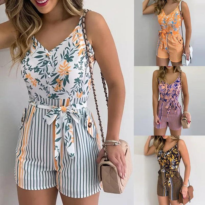 Sexy V-neck Spaghetti Strap Floral Print Women Short Romper Playsuit Female Beach Ruffle Sleeveless 2023 Fashion Casual Jumpsuit-THAT FASHION STORE