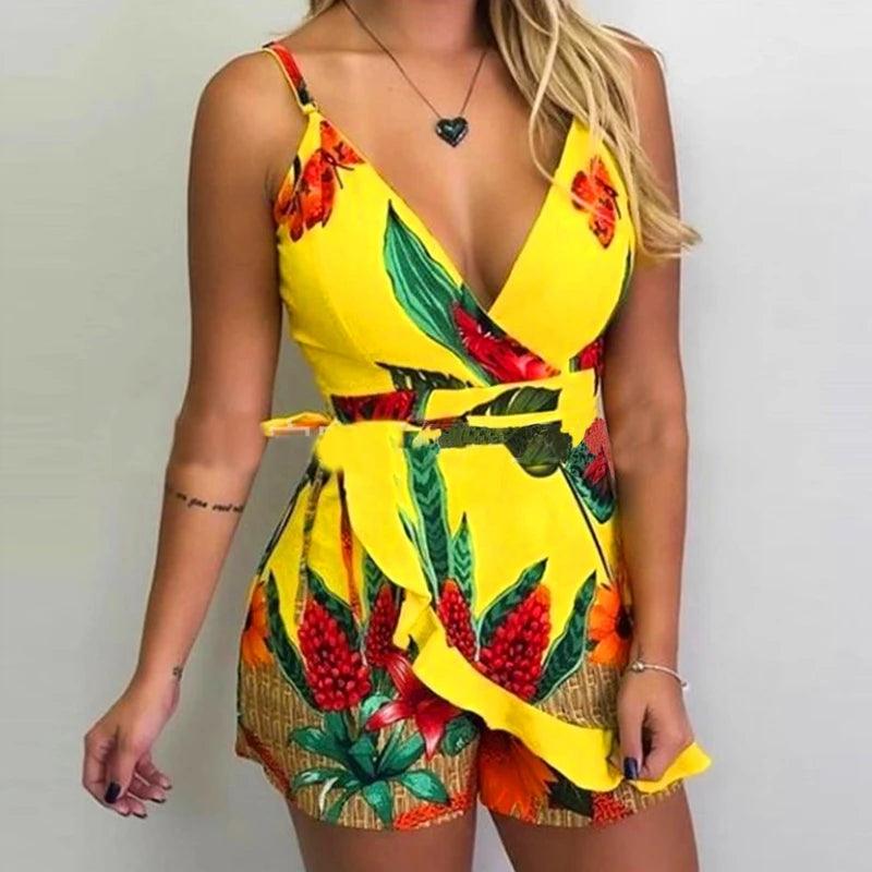 Sexy V-neck Spaghetti Strap Floral Print Women Short Romper Playsuit Female Beach Ruffle Sleeveless 2023 Fashion Casual Jumpsuit-THAT FASHION STORE