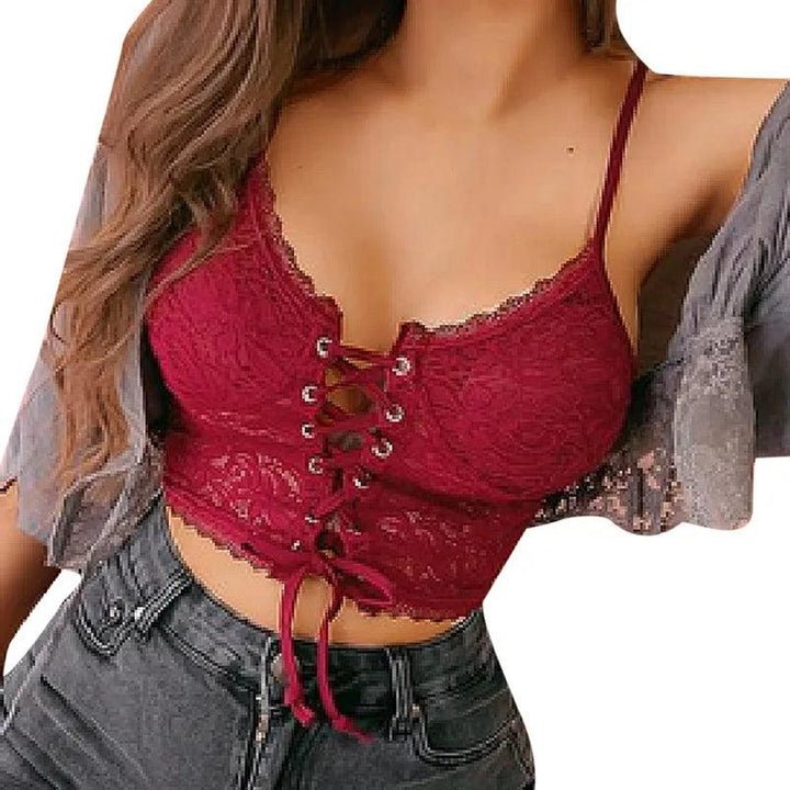 Sexy Lace Up Tank Tops Women Hollow Out Spaghetti Strap Corselet Summer Slim Push Up Camis Built In Bra French Elegant Camisole-THAT FASHION STORE