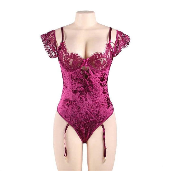 Women Bodysuit 7XL 5XL Ladies Leotard Velvet Skinny Sexy Lace Rompers Steel Ring Off Shoulder Summer Body Feminino Jumpsuit Tops-THAT FASHION STORE