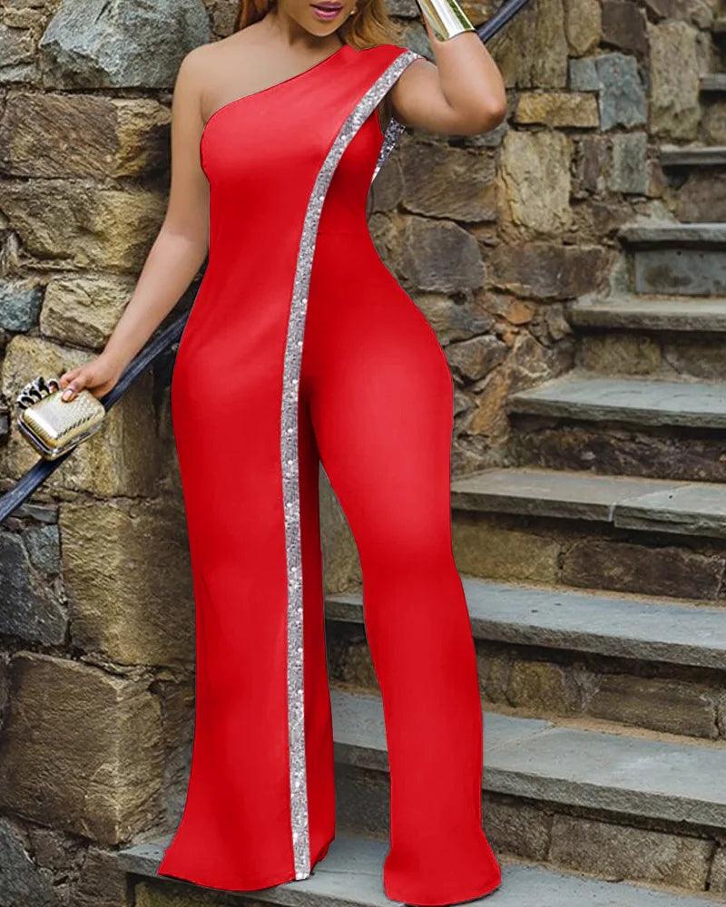 Bright Bar Patchwork One Shoulder Bodycon One Piece Jumpsuit Women Streetwear Full Length overalls for women Ladies Outfit-THAT FASHION STORE