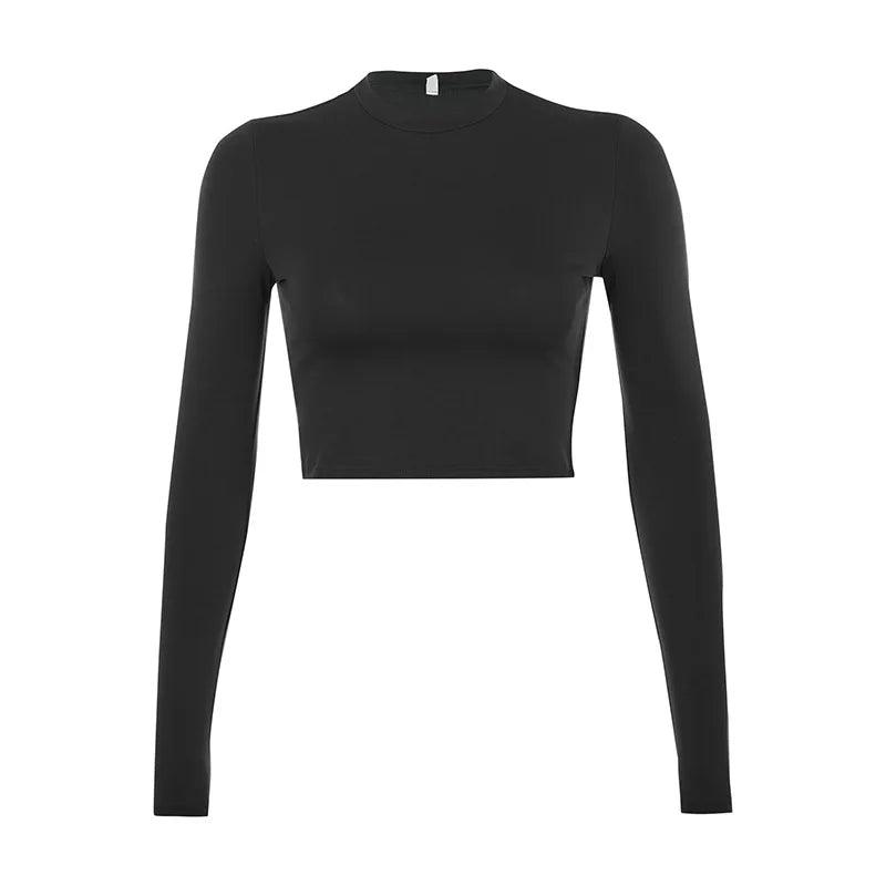 Solid Basic Long Sleeve Womens Tshirt Casual Black White Fashion Crop Top T Shirt Ladies Fashion Korean Tee Shirt-THAT FASHION STORE