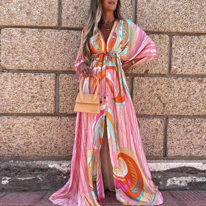 Elegant Gorgeous Printing Dress Women Casual Elastic Waist Long Party Dress 2023 Summer Loose Slit Beach Dress A932-THAT FASHION STORE