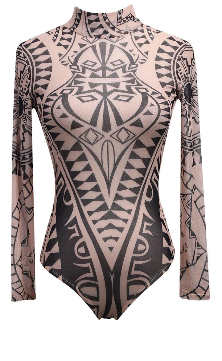 Women Gothic Tattoo Tribal Print Stretchy Skinny Bodysuit Sexy See-Through Mesh Sheer Long Sleeve Top Pullovers Clubwear Bodycon-THAT FASHION STORE