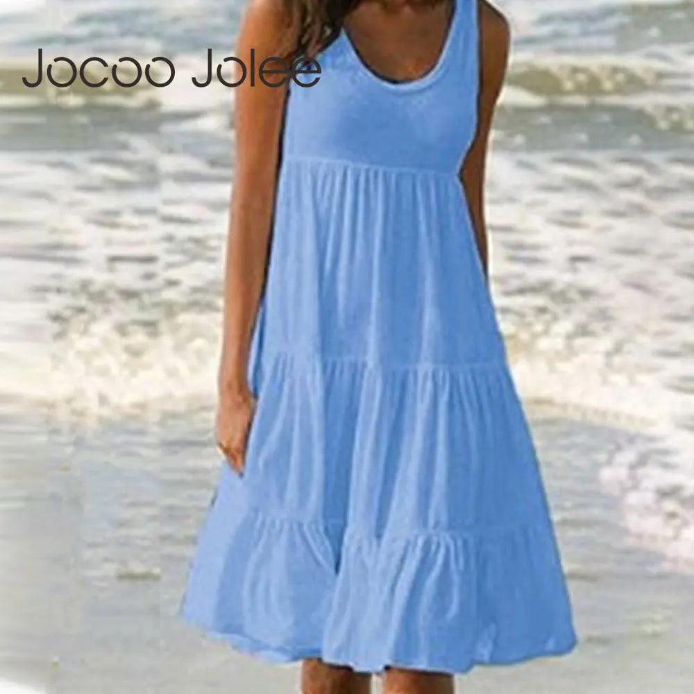 Jocoo Jolee Women Causual O Neck Sleeveless Ruffles Mini Dress Boho Solid Beach Sundress Oversized Loose Dress 2023 Summer-THAT FASHION STORE