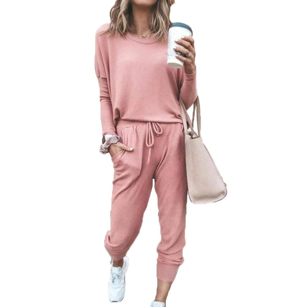 Women Solid Color Long Sleeve O Neck Blouse Top Drawstring Pants Sport Tracksuit Sports shirts autumn winter set Tracksuit Women-THAT FASHION STORE