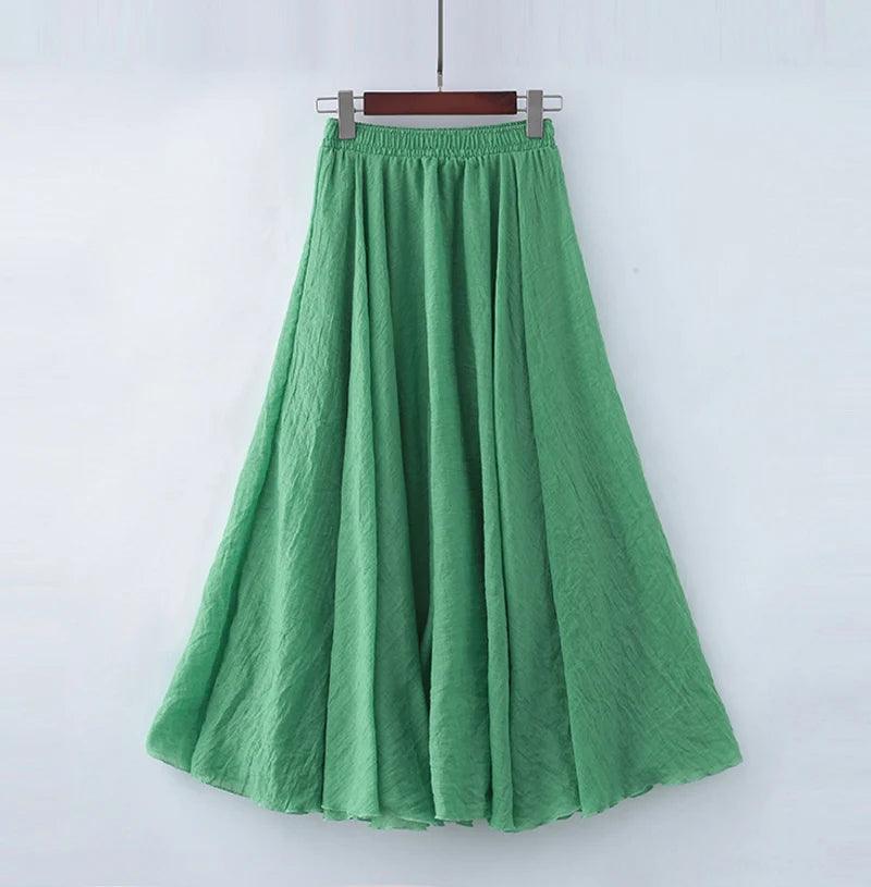 High Quality Cotton Linen Maxi Skirt Womens Casual Elastic High Waist Pleated A-Line Beach Skirts Boho Saia Feminina Faldas Jupe-THAT FASHION STORE